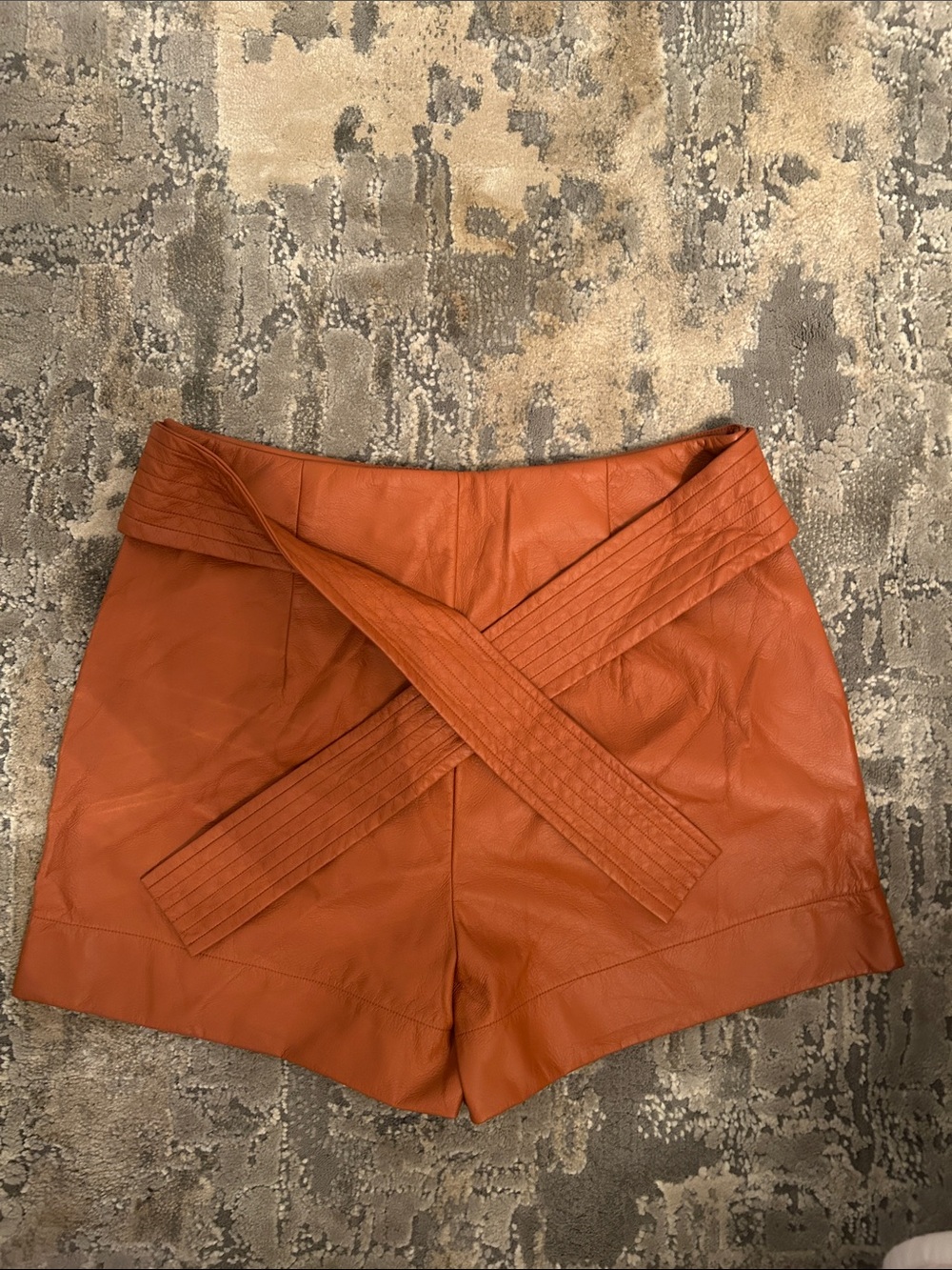 Marie Oliver Rust Orange High-Waist Leather Shorts with Self-Tie Belt